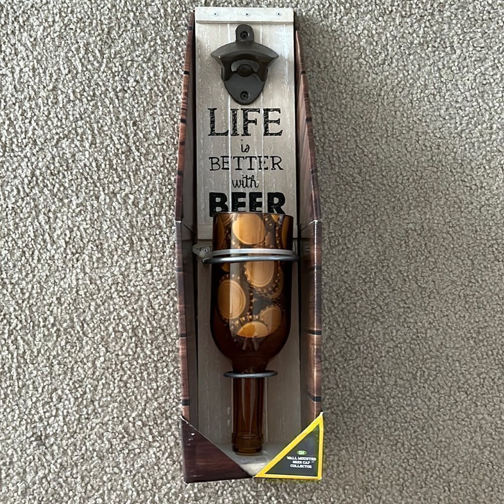 Wall Mounted Beer Cap Collector with Upside Down Glass Bottle and Cap Opener